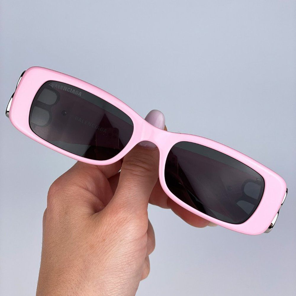 Balenciaga  BB0096S 012 Sunglasses Pink Silver Logo Grey Rectangle Unisex - Picture 5 of 12